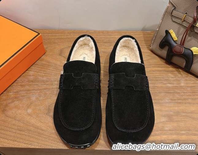 New Style Hermes Lazy Loafer in Suede & Shearling H091572 Black 2026