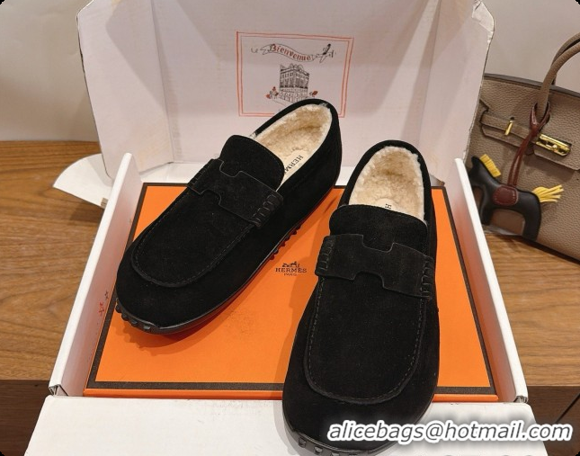 New Style Hermes Lazy Loafer in Suede & Shearling H091572 Black 2026