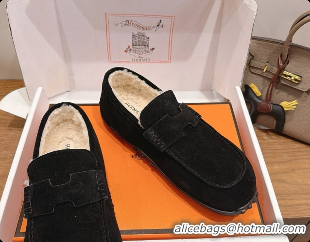 New Style Hermes Lazy Loafer in Suede & Shearling H091572 Black 2026