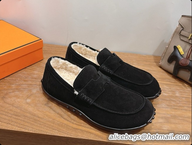 New Style Hermes Lazy Loafer in Suede & Shearling H091572 Black 2026