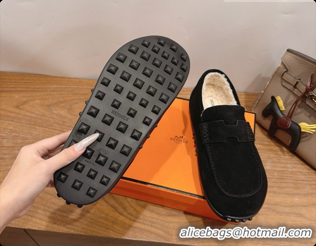 New Style Hermes Lazy Loafer in Suede & Shearling H091572 Black 2026
