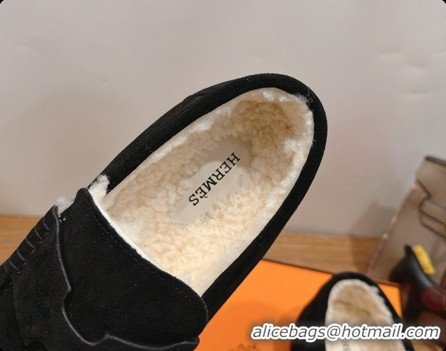 New Style Hermes Lazy Loafer in Suede & Shearling H091572 Black 2026