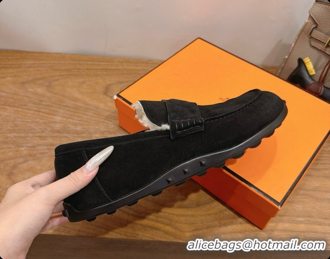 New Style Hermes Lazy Loafer in Suede & Shearling H091572 Black 2026