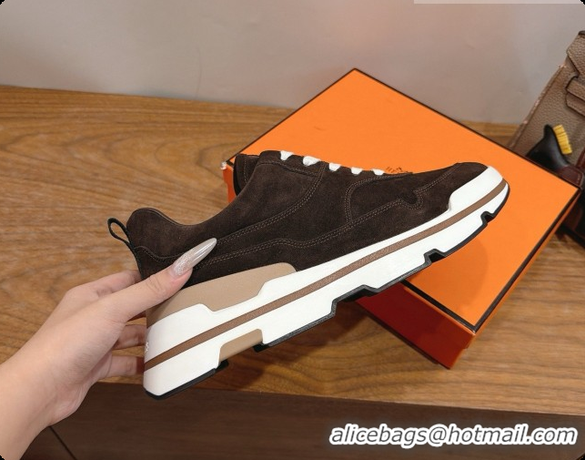 Good Taste Hermes Men's Suede Sneakers H091581 Dark Brown 2026