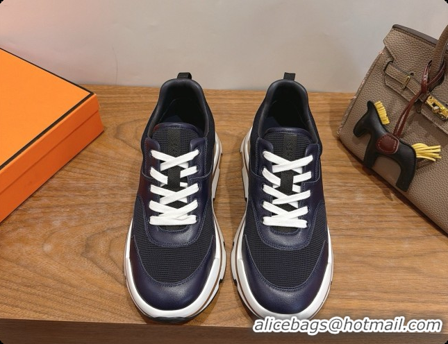 Unique Style Hermes Men's Calfskin Sneakers H091610 Navy Blue/Black 2026