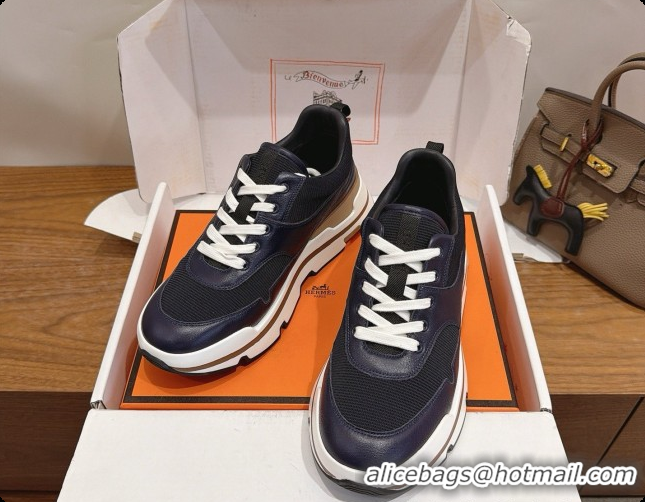 Unique Style Hermes Men's Calfskin Sneakers H091610 Navy Blue/Black 2026