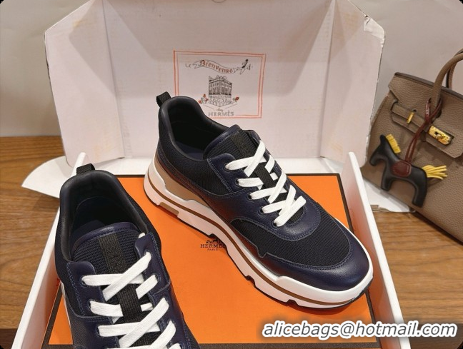 Unique Style Hermes Men's Calfskin Sneakers H091610 Navy Blue/Black 2026