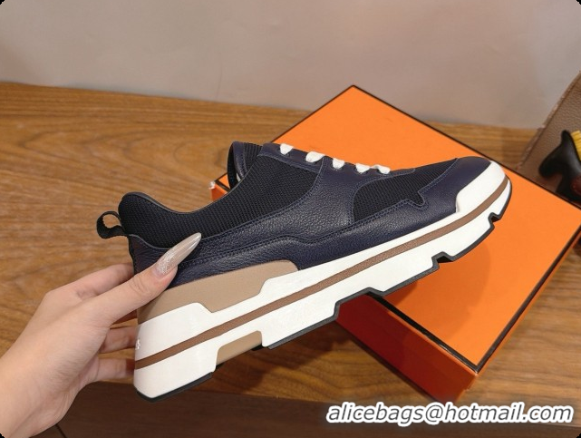 Unique Style Hermes Men's Calfskin Sneakers H091610 Navy Blue/Black 2026