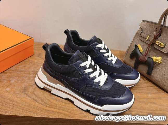 Unique Style Hermes Men's Calfskin Sneakers H091610 Navy Blue/Black 2026