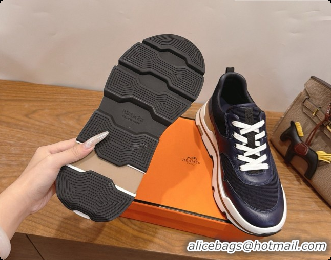 Unique Style Hermes Men's Calfskin Sneakers H091610 Navy Blue/Black 2026