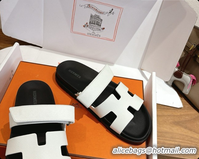 Best Grade Hermes Chypre Flat Sandals in Grained Calfskin H091615 White 2026 