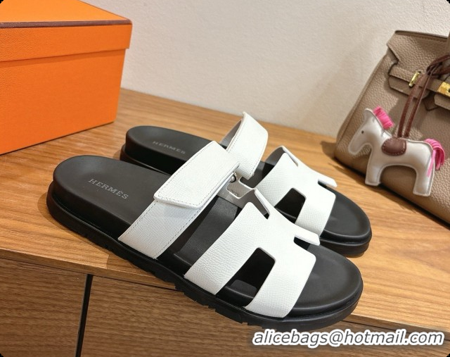 Best Grade Hermes Chypre Flat Sandals in Grained Calfskin H091615 White 2026 