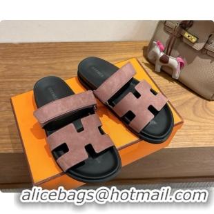 Pretty Style Hermes Chypre Flat Sandals in Suede H091617 Brown 2026