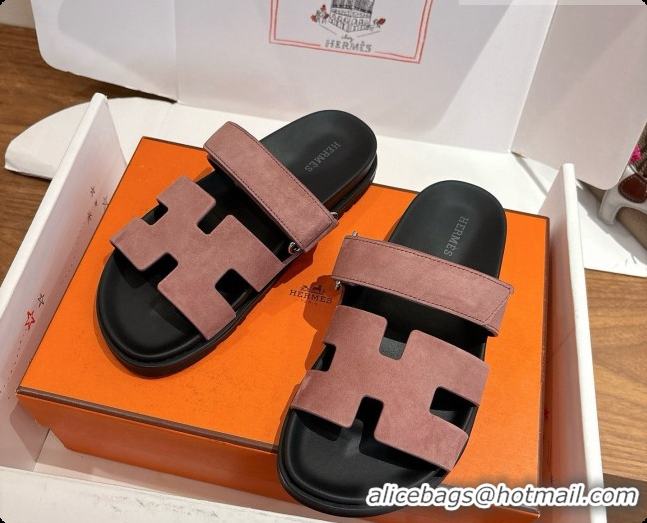 Pretty Style Hermes Chypre Flat Sandals in Suede H091617 Brown 2026