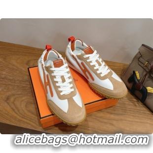 Shop Duplicate Hermes Jet Sneaker in Suede & Calfskin H091624 White/Brown 2026