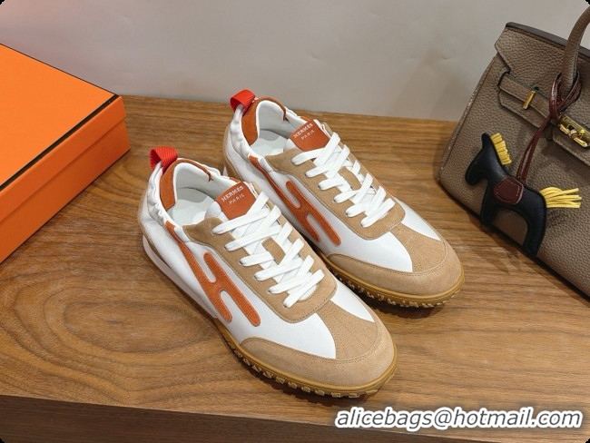 Shop Duplicate Hermes Jet Sneaker in Suede & Calfskin H091624 White/Brown 2026