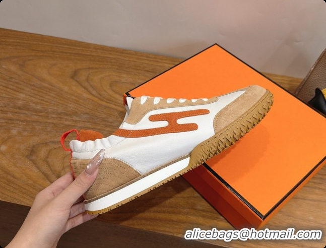 Shop Duplicate Hermes Jet Sneaker in Suede & Calfskin H091624 White/Brown 2026