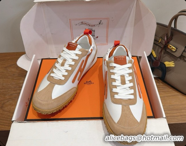 Shop Duplicate Hermes Jet Sneaker in Suede & Calfskin H091624 White/Brown 2026