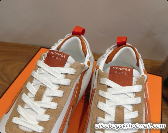 Shop Duplicate Hermes Jet Sneaker in Suede & Calfskin H091624 White/Brown 2026