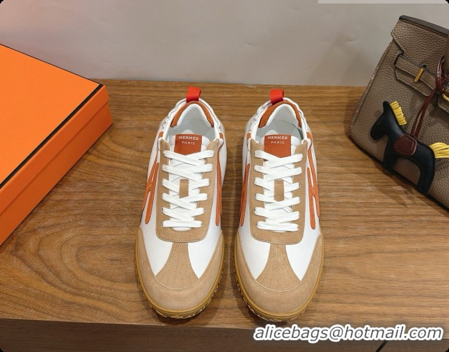 Shop Duplicate Hermes Jet Sneaker in Suede & Calfskin H091624 White/Brown 2026