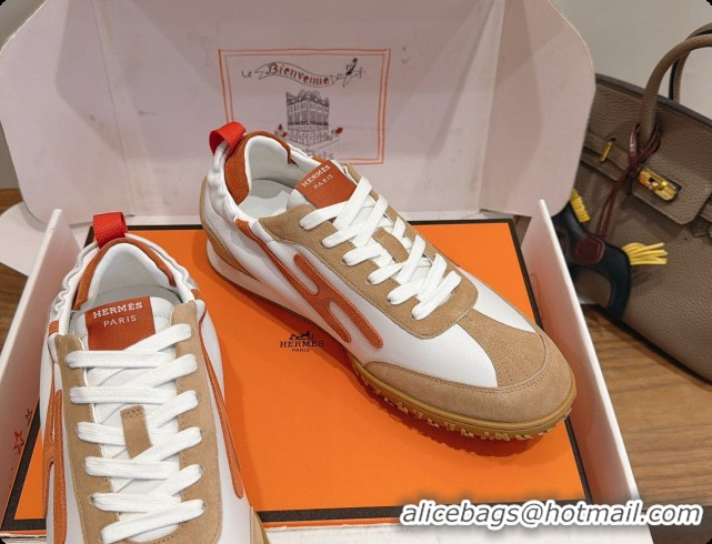 Shop Duplicate Hermes Jet Sneaker in Suede & Calfskin H091624 White/Brown 2026