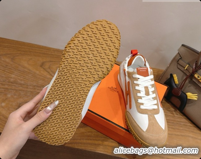Shop Duplicate Hermes Jet Sneaker in Suede & Calfskin H091624 White/Brown 2026