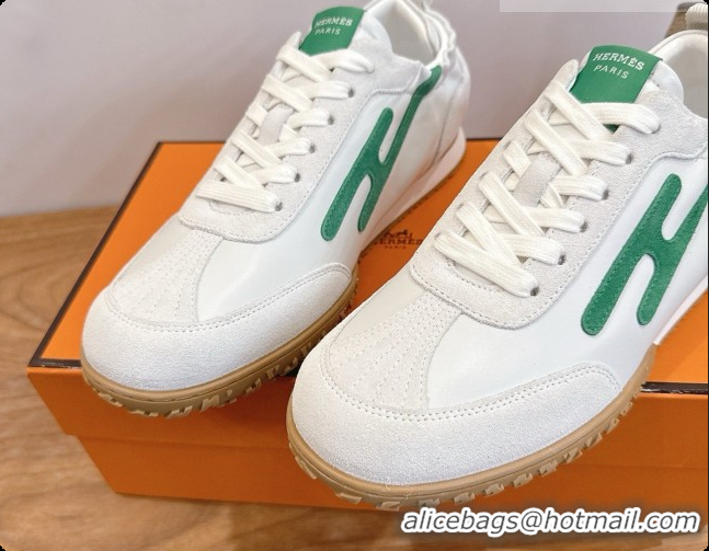 Discount Hermes Jet Sneaker in Suede & Calfskin H091634 White/Green 2026