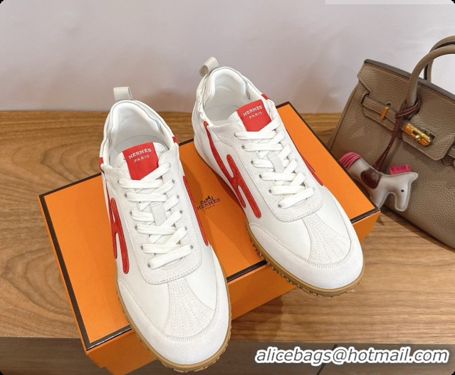 Buy Luxury Hermes Jet Sneaker in Suede & Calfskin H091636 White/Red 2026