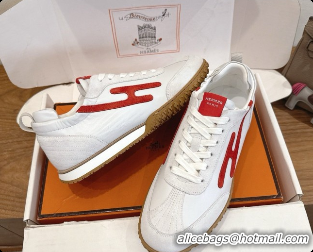 Buy Luxury Hermes Jet Sneaker in Suede & Calfskin H091636 White/Red 2026