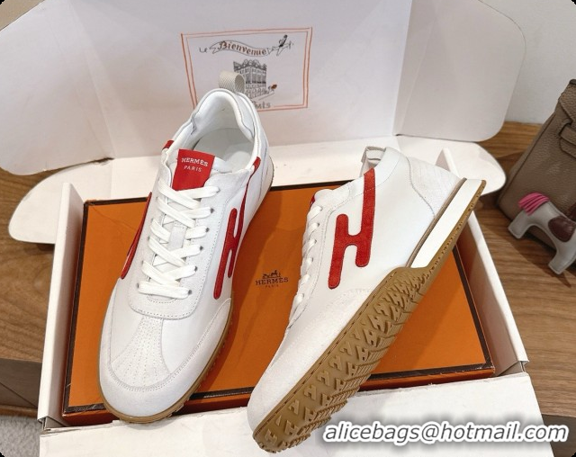 Buy Luxury Hermes Jet Sneaker in Suede & Calfskin H091636 White/Red 2026