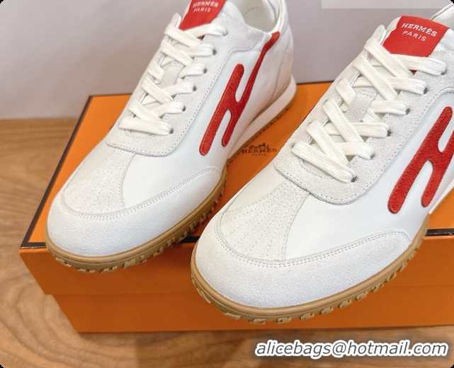 Buy Luxury Hermes Jet Sneaker in Suede & Calfskin H091636 White/Red 2026