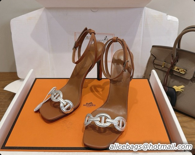Shop Duplicate Hermes Calfskin Heeled Sandal H091662 Silver/Brown 2026