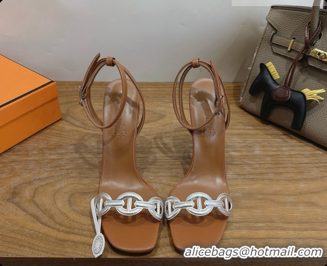Shop Duplicate Hermes Calfskin Heeled Sandal H091662 Silver/Brown 2026