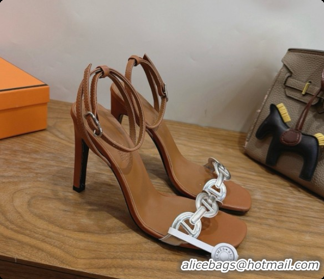 Shop Duplicate Hermes Calfskin Heeled Sandal H091662 Silver/Brown 2026