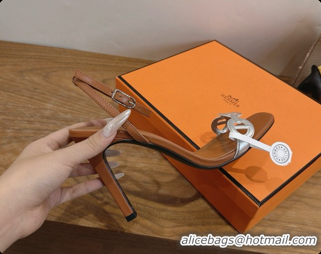 Shop Duplicate Hermes Calfskin Heeled Sandal H091662 Silver/Brown 2026