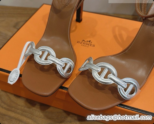 Shop Duplicate Hermes Calfskin Heeled Sandal H091662 Silver/Brown 2026