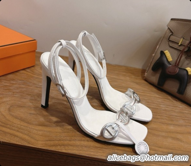 Stylish Hermes Calfskin Heeled Sandal H091660 Silver/White 2026