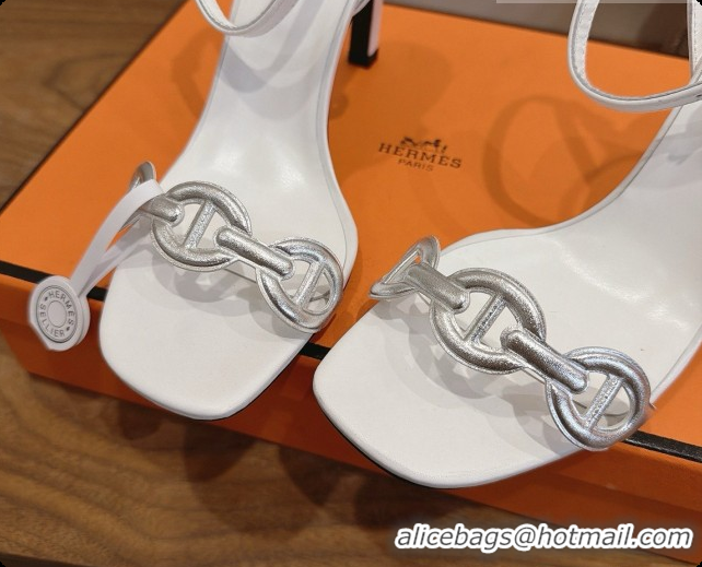 Stylish Hermes Calfskin Heeled Sandal H091660 Silver/White 2026