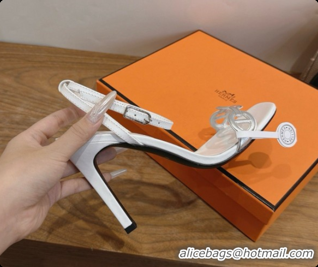Stylish Hermes Calfskin Heeled Sandal H091660 Silver/White 2026