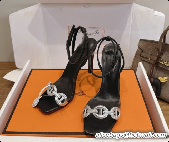 Top Design Hermes Calfskin Heeled Sandal H091661 Silver/Black 2026