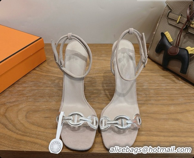 Luxury Cheap Hermes Calfskin & Suede Heeled Sandal H091663 Silver/Grey 2026