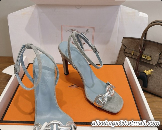 Luxury Hermes Calfskin & Suede Heeled Sandal H091664 Silver/Pale Blue 2026