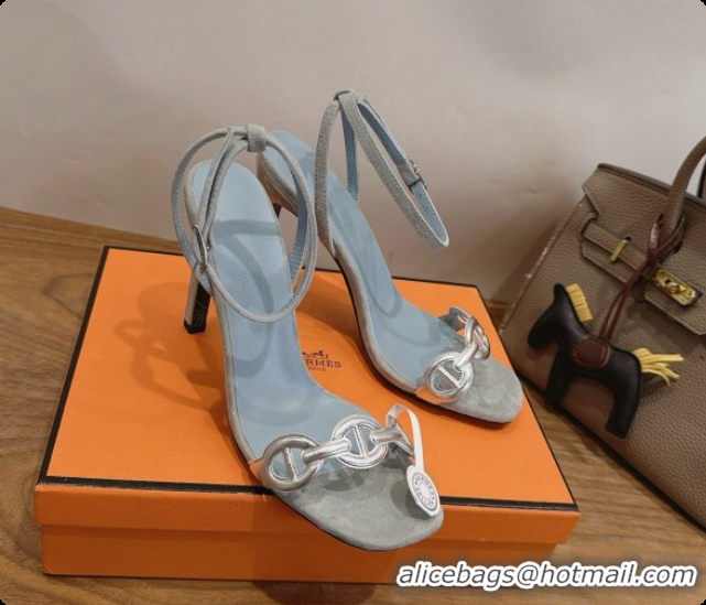 Luxury Hermes Calfskin & Suede Heeled Sandal H091664 Silver/Pale Blue 2026