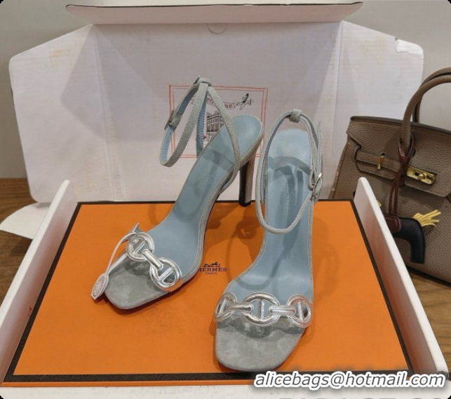 Luxury Hermes Calfskin & Suede Heeled Sandal H091664 Silver/Pale Blue 2026