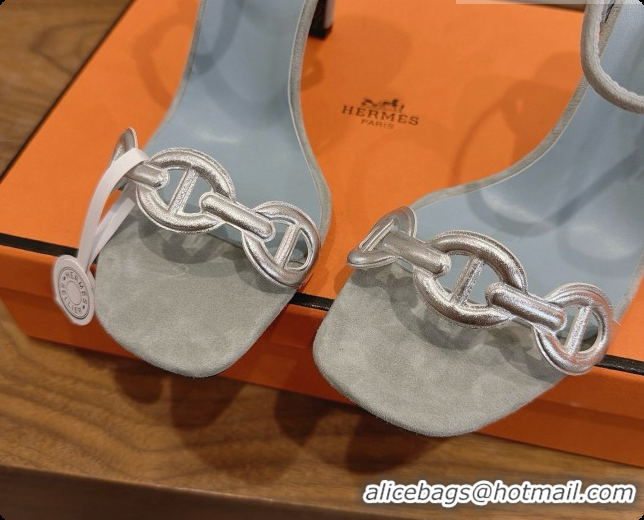 Luxury Hermes Calfskin & Suede Heeled Sandal H091664 Silver/Pale Blue 2026