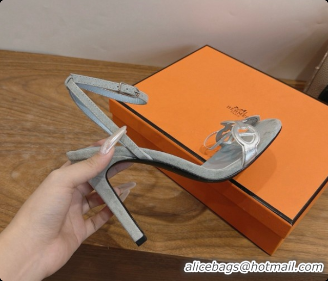 Luxury Hermes Calfskin & Suede Heeled Sandal H091664 Silver/Pale Blue 2026