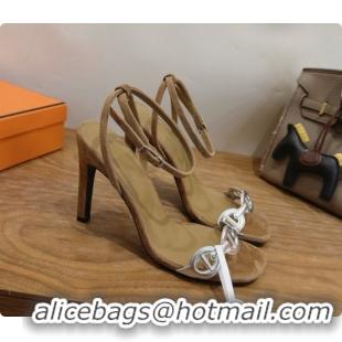 Big Discount Hermes Calfskin & Suede Heeled Sandal H091665 Silver/Brown 2026