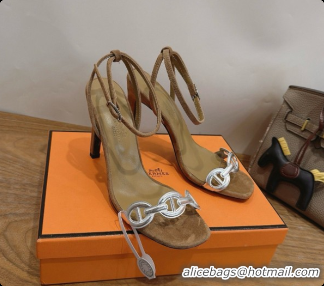 Big Discount Hermes Calfskin & Suede Heeled Sandal H091665 Silver/Brown 2026