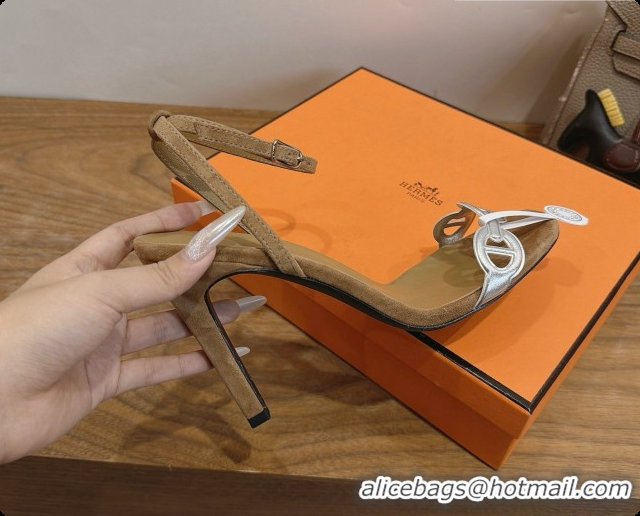 Big Discount Hermes Calfskin & Suede Heeled Sandal H091665 Silver/Brown 2026
