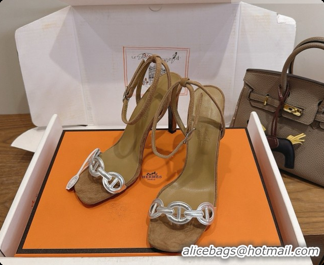 Big Discount Hermes Calfskin & Suede Heeled Sandal H091665 Silver/Brown 2026